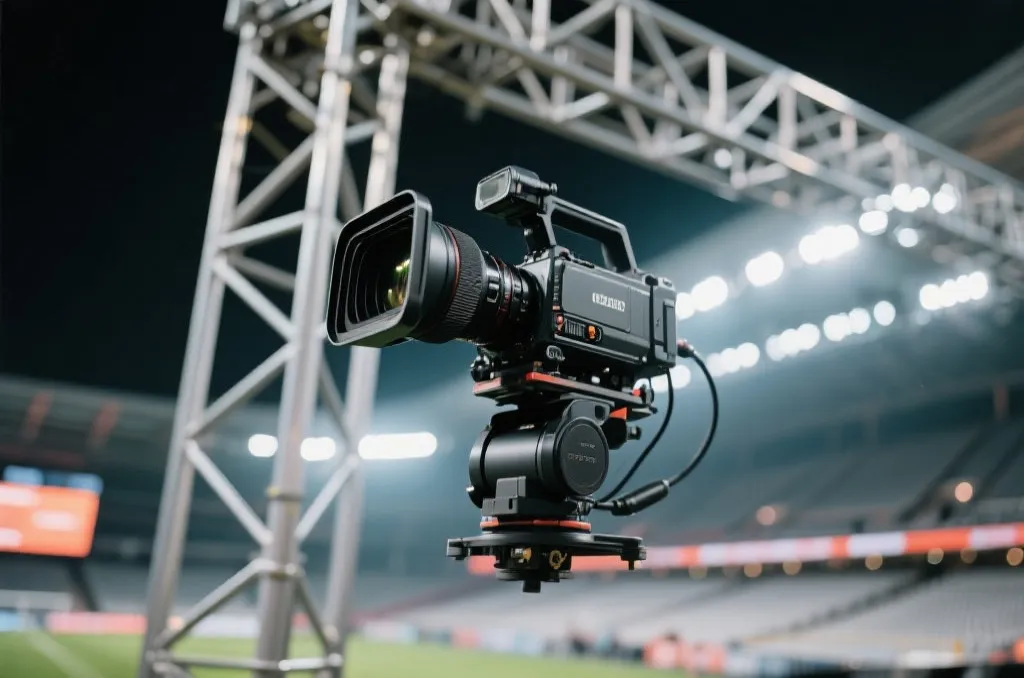 Close-up of a high-speed tracking camera mounted on a modern stadium truss structure, bright stadium lights in background, professional sports broadcast equipment